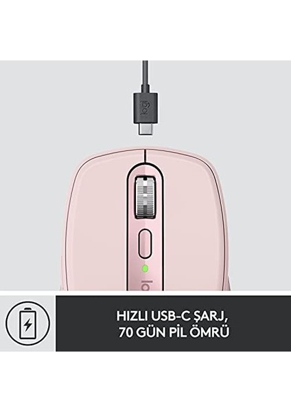 Mx Anywhere 3 Kablosuz Mouse, 4.000 Dpı Sensör ile Tüm Yüzeylerde Kullanım, Magspeed Elektromanyetik Kaydırma Özelliği, Tam Şarjda 70 Gün Pil Ömrü, Pembe modelleri
