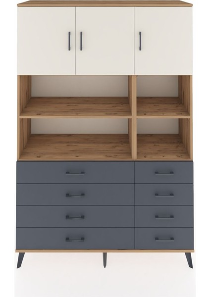 Hyperion Dolap 8 Raflı 8 Çekmeceli 3 Kapaklı 132X44X195 Çam-Aytaşı/antrasit