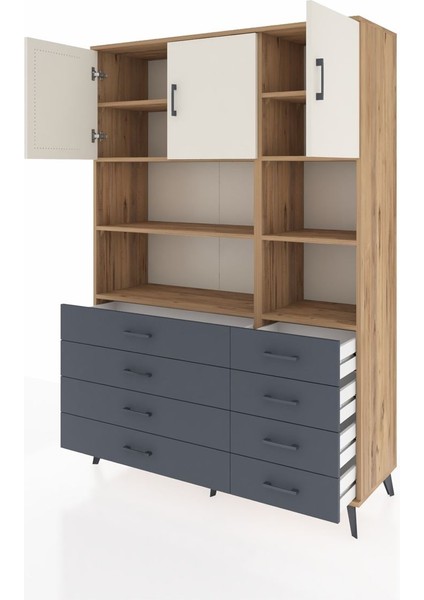 Hyperion Dolap 8 Raflı 8 Çekmeceli 3 Kapaklı 132X44X195 Çam-Aytaşı/antrasit modelleri