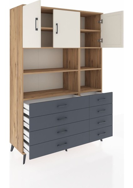 Hyperion Dolap 8 Raflı 8 Çekmeceli 3 Kapaklı 132X44X195 Çam-Aytaşı/antrasit indirimleri