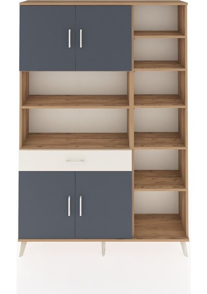 Arges Dolap 10 Raflı Tek Çekmeceli 4 Kapaklı 132X30X195 Çam-Antrasit/aytaşı