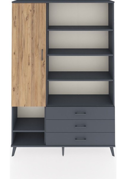 Arges Dolap 9 Raflı 3 Çekmeceli Tek Kapaklı 132X30X195 Antrasit-Çam/antrasit