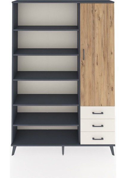 Arges Dolap 9 Raflı 3 Çekmeceli Tek Kapaklı 132X30X195 Antrasit-Çam/aytaşı