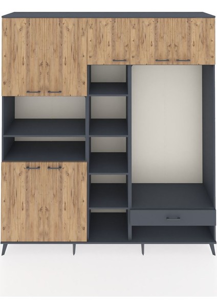 Hyperion Dolap 11 Raflı Tek Çekmeceli 7 Kapaklı 220X44X243 Antrasit-Çam/antrasit