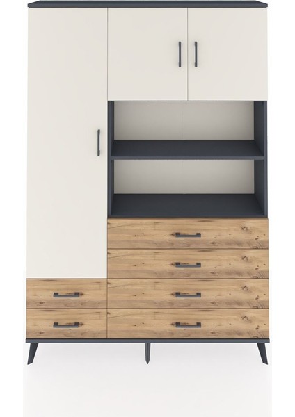 Arges Dolap 8 Raflı 6 Çekmeceli 3 Kapaklı 132X30X195 Antrasit-Aytaşı/çam