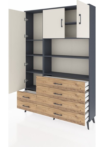Arges Dolap 8 Raflı 6 Çekmeceli 3 Kapaklı 132X30X195 Antrasit-Aytaşı/çam modelleri