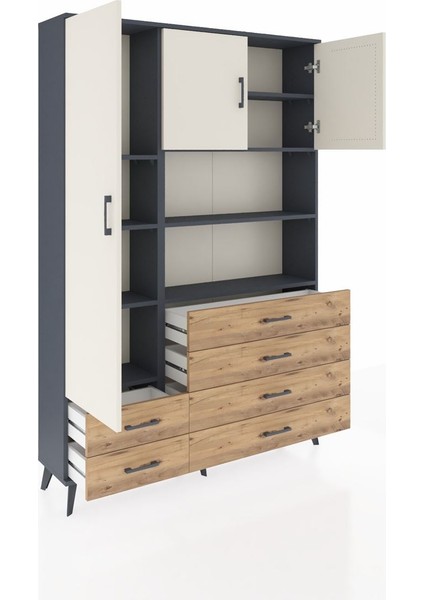 Arges Dolap 8 Raflı 6 Çekmeceli 3 Kapaklı 132X30X195 Antrasit-Aytaşı/çam indirimleri