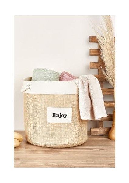 Krem Şeritli Silindir Jüt Sepet - Büyük modelleri