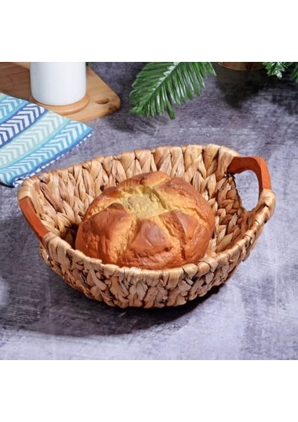 Wicker Serisi Bezli Yuvarlak Ahşap Kulplu Hasır Ekmek Sepeti