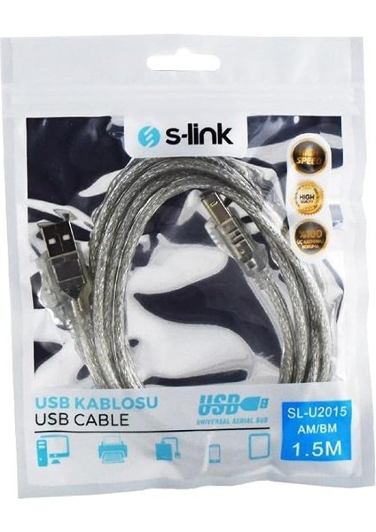 SL-U2015 Usb2.0 1.5m Şeffaf Yazıcı Kablosu, Şeffaf