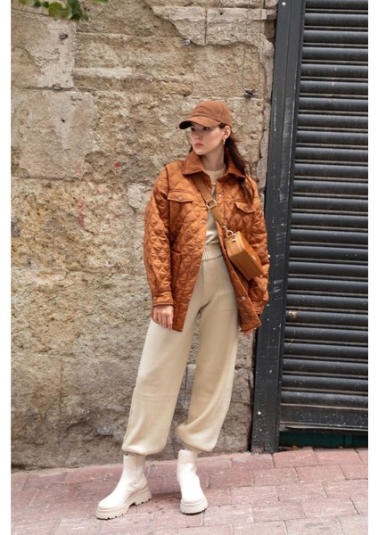 Kapitone Kumaş Çift Dikiş Desen Kadın Mont