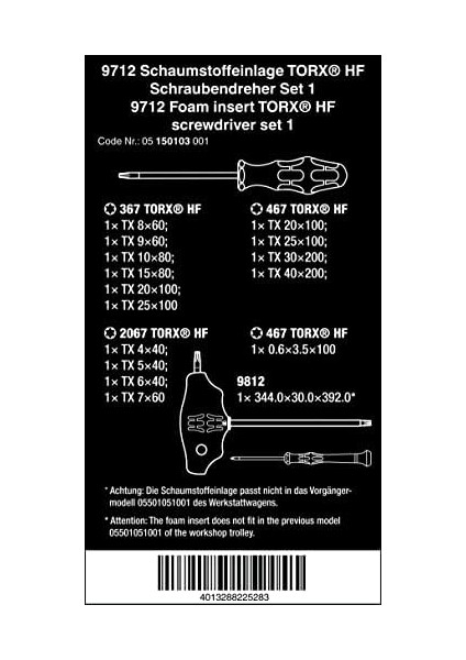 05150103001 9712 Köpük Astar, Torx® Hf Tornavida Seti 1, 14 Parça modelleri