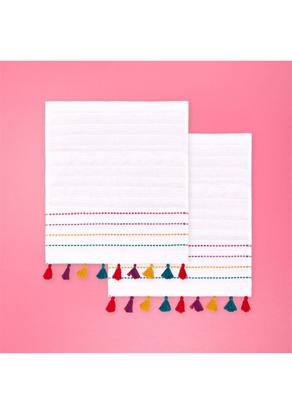 Soft Püsküllü 2'li Havlu Seti - Beyaz / Renkli - 30X30 cm fiyatları