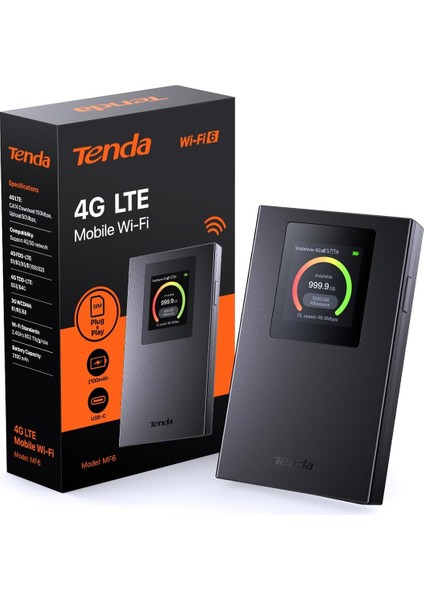 Mf6 LCD Ekranlı Mobil Wlan Yönlendirici, Wi-Fi 6 Taşınabilir Hotspot, 2100 Mah Pil, Usb-C Bağlantı Noktası, Tak ve Çalıştır, Wpa3, 4g Modem, Mifi, (Sim Kart Takılabilir)