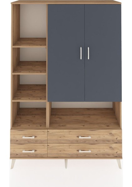 Hyperion Dolap 8 Raflı 4 Çekmeceli 2 Kapaklı 132X44X195 Çam-Antrasit/çam