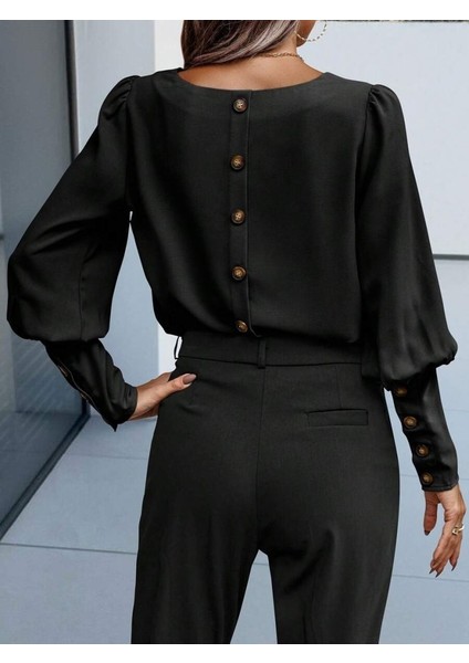 Kadın Uzun Kollu Yuvarlak Yakalı Düğmeli Ithal Krep Bluz