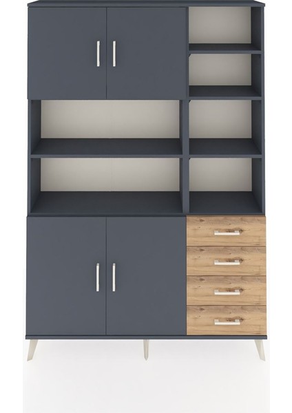 Arges Dolap 9 Raflı 4 Çekmeceli 4 Kapaklı 132X30X195 Antrasit-Antrasit/çam