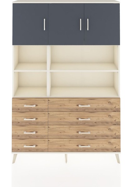 Arges Dolap 8 Raflı 8 Çekmeceli 3 Kapaklı 132X30X195 Aytaşı-Antrasit/çam