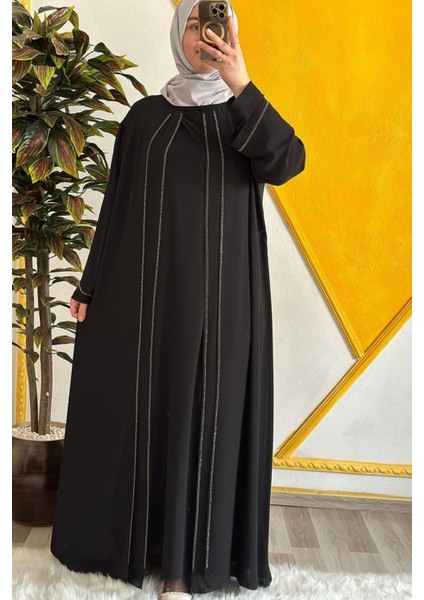 Kadın Tesettür Giyim Büyük Beden Şifon Şerit Taşlı Abiye