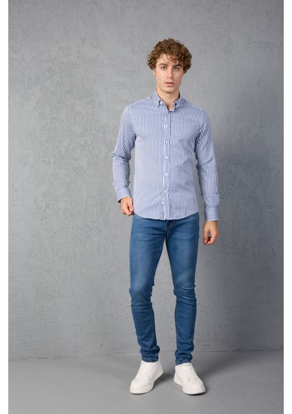 Çizgili Pamuk Likralı Slim Fit Erkek Gömlek