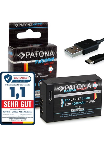 Patona Doğrudan USB Girişli Platinum LP-E17 USB Pil 1000 Mah - Eos Rp R10 77D 200D 250D -1352750D 760D 800D ile Uyumlu, 1 x LP-E17 USB