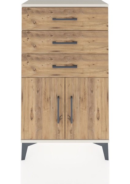 Arges Komodin Tek Raflı 3 Çekmeceli 2 Kapaklı 60X30X106 Aytaşı-Çam