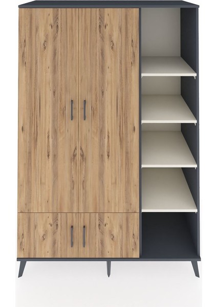 Kronos Dolap 6 Raflı 4 Kapaklı Tek Askılı 132X59X195 Antrasit-Çam/aytaşı