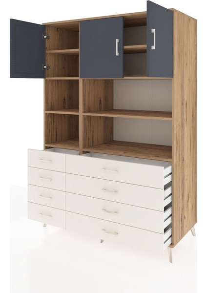 Kronos Dolap 8 Raflı 8 Çekmeceli 3 Kapaklı 132X59X195 Çam-Antrasit/aytaşı modelleri