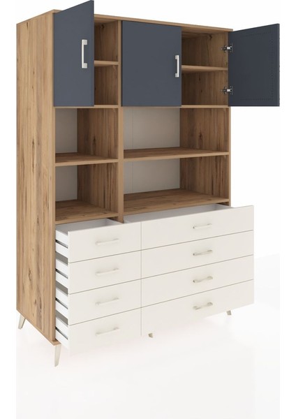 Kronos Dolap 8 Raflı 8 Çekmeceli 3 Kapaklı 132X59X195 Çam-Antrasit/aytaşı indirimleri