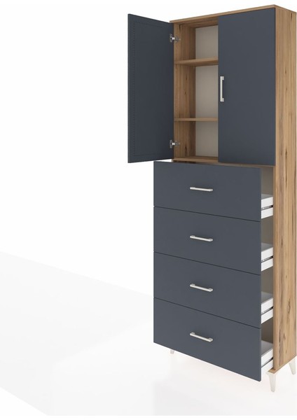 Arges Dolap 3 Raflı 4 Çekmeceli 2 Kapaklı 88X30X243 Çam-Antrasit fırsatları