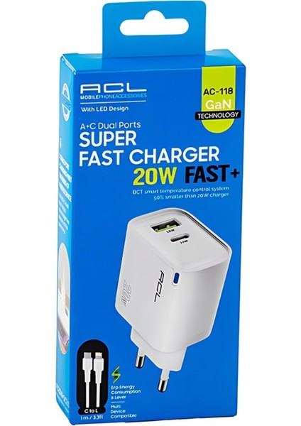 AC-118 20W Hızlı Şarj 3.0 Kablolu Çift Portlu Gan, Şarj Aleti