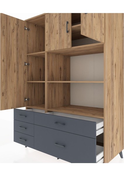 Kronos Dolap 7 Raflı 5 Çekmeceli 3 Kapaklı 132X59X195 Çam-Çam/antrasit fırsatları