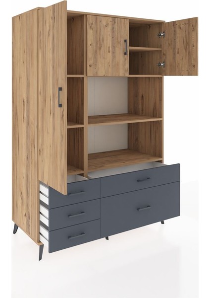 Kronos Dolap 7 Raflı 5 Çekmeceli 3 Kapaklı 132X59X195 Çam-Çam/antrasit indirimleri