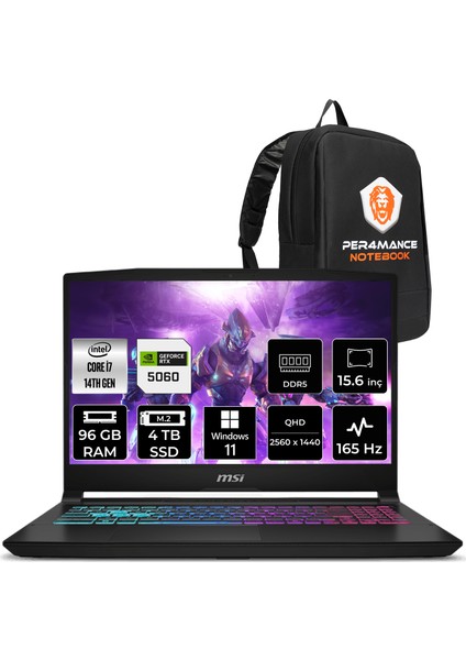 Msı Katana 15 Intel Core I7 14650HX 96GB 4tb SSD RTX5060/8GB 115W 15.6" Qhd 165Hz W11H Taşınabilir Bilgisayar & Per4 Çanta B14WFK817XTRP413