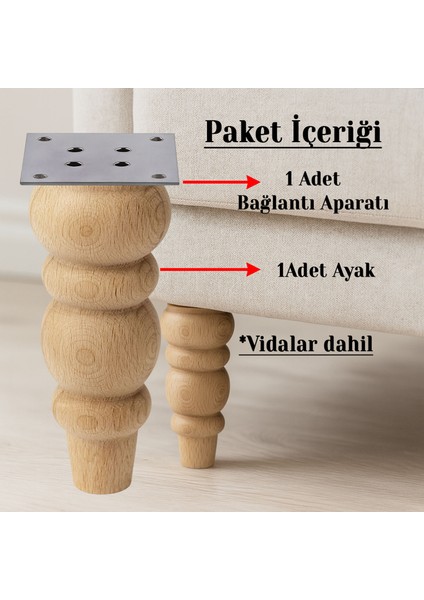 Bohem 17 cm Boyasız Ham Doğal Ahşap Ayak Silindir Mobilya Koltuk Kanepe Ayağı Metal Aparat Dahil indirimleri