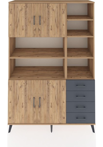 Hyperion Dolap 9 Raflı 4 Çekmeceli 4 Kapaklı 132X44X195 Çam-Çam/antrasit