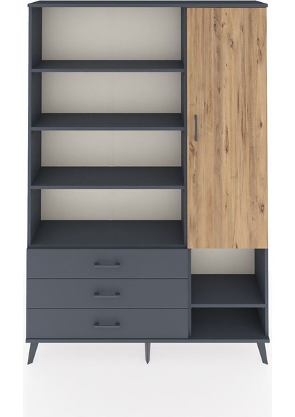 Arges Dolap 9 Raflı 3 Çekmeceli Tek Kapaklı 132X30X195 Antrasit-Çam/antrasit