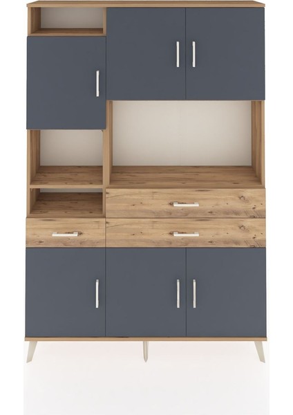 Arges Dolap 9 Raflı 3 Çekmeceli 6 Kapaklı 132X30X195 Çam-Antrasit/çam