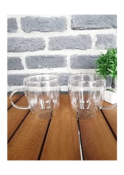 2 Adet Büyük Boy 350 ml Çift Cidarlı Cam Çay Kahve Meşrubat Kupa Çift Camlı Isı Yalıtımlı Kulplu Cam modelleri