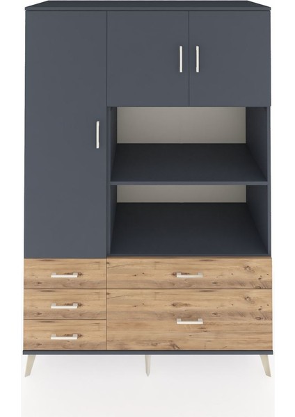 Kronos Dolap 7 Raflı 5 Çekmeceli 3 Kapaklı 132X59X195 Antrasit-Antrasit/çam