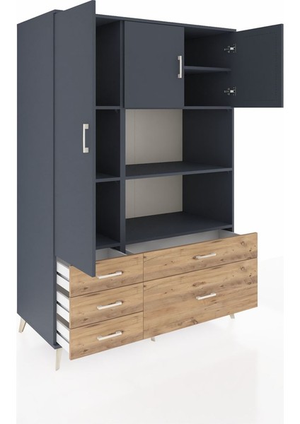 Kronos Dolap 7 Raflı 5 Çekmeceli 3 Kapaklı 132X59X195 Antrasit-Antrasit/çam indirimleri