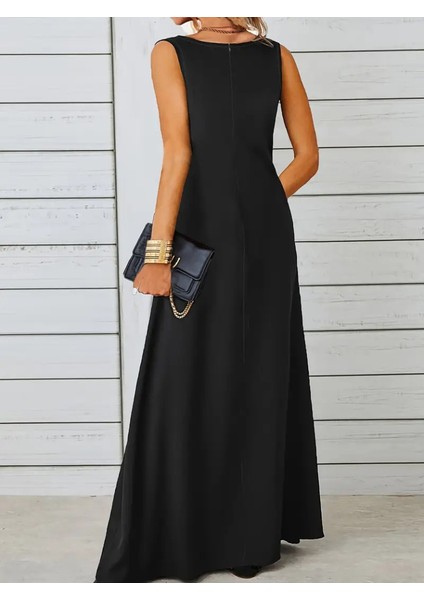 Kadın Kolsuz Kayık Yaka Maksi Janjan Krep Elbise fırsatları