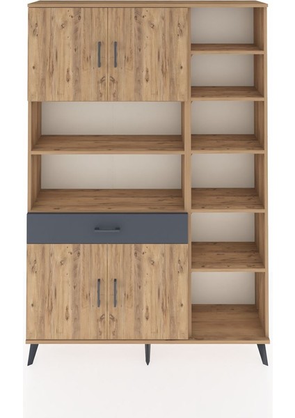 Arges Dolap 10 Raflı Tek Çekmeceli 4 Kapaklı 132X30X195 Çam-Çam/antrasit