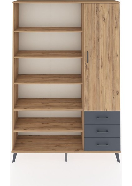 Arges Dolap 9 Raflı 3 Çekmeceli Tek Kapaklı 132X30X195 Çam-Çam/antrasit