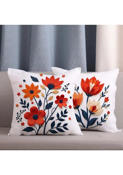 2 Li Kombin Kırmızı Çiçekli Desenli 3 Boyutlu Dijital Baskılı Kırlent Kılıfı