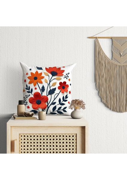 2 Li Kombin Kırmızı Çiçekli Desenli 3 Boyutlu Dijital Baskılı Kırlent Kılıfı modelleri