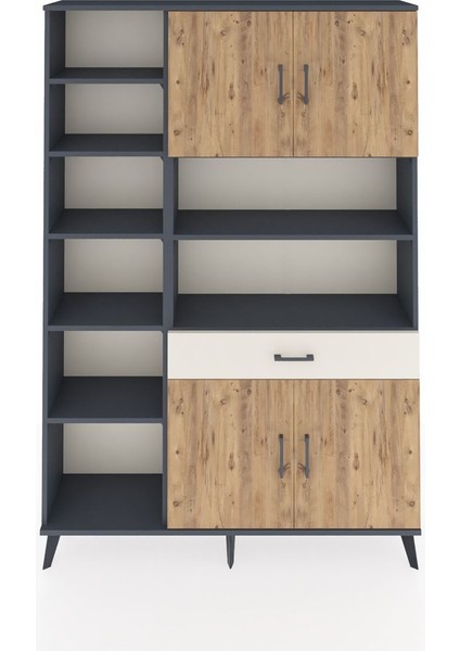 Arges Dolap 10 Raflı Tek Çekmeceli 4 Kapaklı 132X30X195 Antrasit-Çam/aytaşı