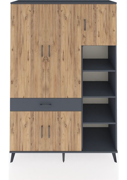 Hyperion Dolap 10 Raflı Tek Çekmeceli 5 Kapaklı 132X44X195 Antrasit-Çam/antrasit