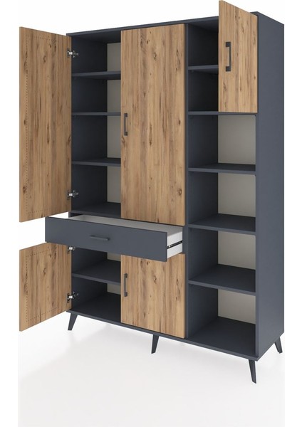 Hyperion Dolap 10 Raflı Tek Çekmeceli 5 Kapaklı 132X44X195 Antrasit-Çam/antrasit modelleri