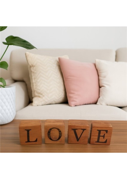 Love Yazılı Ahşap Dekoratif Küpler El Yapımı Mini Blok Seti 4cm